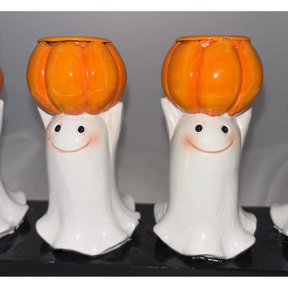 Hallow Home Tabletop 5 Ghosts & Pumpkins Halloween Taper Candlestick Holder